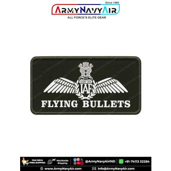 IAF Flying Bullets Patch featuring the Indian Air Force wings emblem and FLYING BULLETS designation associated with No. 18 Squadron, displayed on military green fabric with a stitched merrow border for flying suits, flight overalls, uniforms, jackets, avi