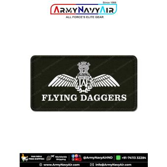 IAF Flying Daggers Patch featuring the Indian Air Force wings emblem and FLYING DAGGERS squadron designation on a military green fabric base with a stitched merrow border, suitable for flying suits, uniforms, jackets, aviation collections, and defence mem