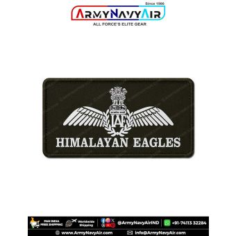 IAF Himalayan Eagles Patch featuring the Indian Air Force wings emblem and HIMALAYAN EAGLES squadron title on premium digital printed fabric with olive green merrow border, designed as an Indian Air Force squadron and unit identification patch associated