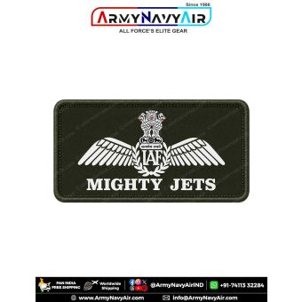 IAF Mighty Jets Patch featuring the Indian Air Force wings emblem and MIGHTY JETS squadron title on premium digital printed fabric with an olive green merrow border, representing No. 44 Squadron Indian Air Force and its strategic airlift heritage with AN-