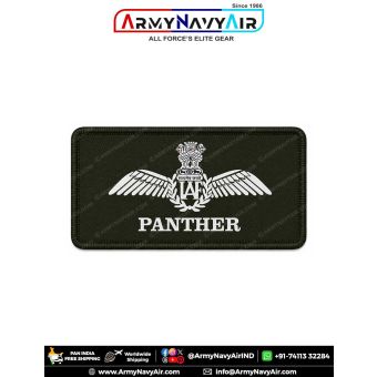 IAF Panther Patch personalized Indian Air Force squadron identification patch featuring IAF wings emblem and Panther squadron title on premium digital printed fabric with olive green merrow border for flight suits, flying overalls, squadron identification