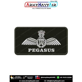 IAF Pegasus Patch featuring the Indian Air Force wings emblem and PEGASUS identification on military green printed fabric with a stitched border, designed for flight suits, flying overalls, uniforms, jackets, aviation collections, displays, and Indian Air