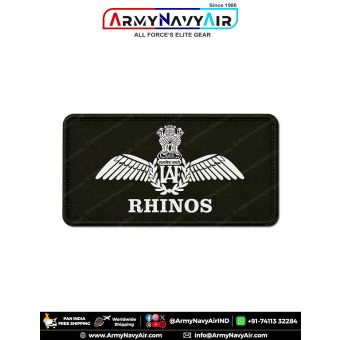IAF Rhinos Patch featuring the Indian Air Force wings emblem and RHINOS squadron title on premium digital printed fabric with olive green merrow border, designed as an Indian Air Force squadron and unit identification patch for flying overalls, flight sui