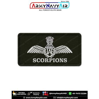 IAF Scorpions Patch featuring the Indian Air Force wings emblem and SCORPIONS squadron title on premium digital printed fabric with olive green merrow border, designed as an Indian Air Force squadron and unit identification patch for flying overalls, flig