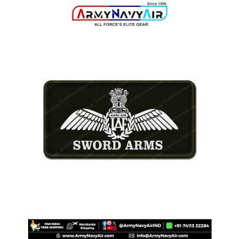 IAF Sword Arms Patch featuring the Indian Air Force wings emblem and SWORD ARMS designation associated with No. 51 Squadron, displayed on a military green fabric base with a stitched merrow border, suitable for flying suits, uniforms, jackets, aviation co