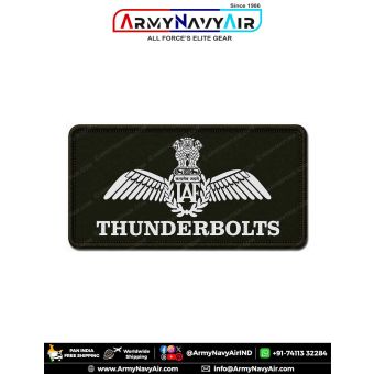 IAF Thunderbolts Patch featuring the Indian Air Force wings emblem and THUNDERBOLTS formation aerobatic team title on premium digital printed fabric with olive green merrow border, representing the historic IAF aerobatic team associated with No. 20 Squadr