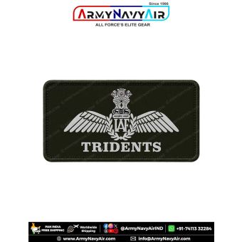IAF Tridents Patch featuring the Indian Air Force wings emblem and TRIDENTS designation associated with No. 223 Squadron, displayed on a military green fabric base with a stitched merrow border, suitable for flying suits, uniforms, jackets, aviation gear,