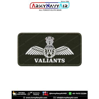 IAF Valiants Patch featuring the Indian Air Force wings emblem and VALIANTS squadron title on premium digital printed fabric with an olive green merrow border, representing No. 221 Squadron Indian Air Force and its historic fighter aviation heritage, suit