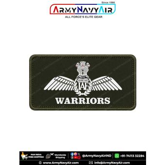 IAF Warriors Patch featuring the Indian Air Force wings emblem and WARRIORS squadron title on premium digital printed fabric with an olive green merrow border, representing No. 26 Squadron Indian Air Force and its historic fighter aviation heritage, inclu