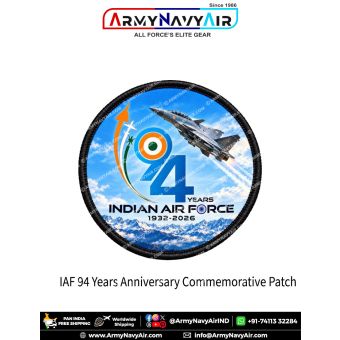 Indian Air Force 94 Years anniversary commemorative round patch featuring a fighter aircraft, tricolour flight trails, Himalayan mountains and 1932–2026 wording
