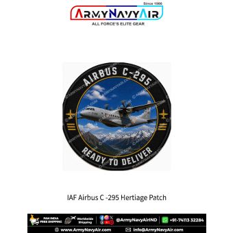 Indian Air Force Airbus C-295 Heritage Patch featuring detailed artwork of the Airbus C-295 tactical transport aircraft flying over the Himalayas with the slogan "Ready To Deliver". Premium round military aviation fabric patch for Air Force personnel, vet