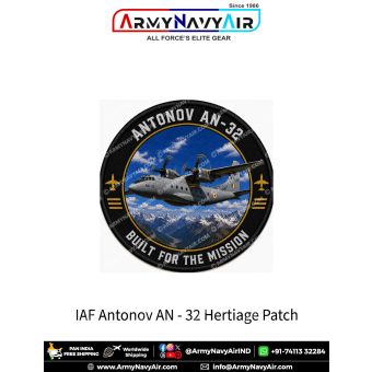 Indian Air Force Antonov An-32 Heritage Patch featuring detailed artwork of the Antonov An-32 military transport aircraft flying over the Himalayan mountains with the slogan "Built For The Mission". Premium round aviation fabric patch for Air Force person