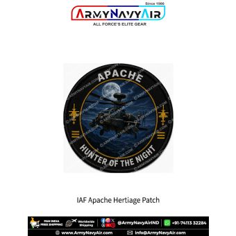Indian Air Force Apache AH-64E Attack Helicopter Heritage Patch featuring the Apache combat helicopter flying under a moonlit sky with the slogan "Hunter of the Night". Premium round military aviation fabric patch for Air Force personnel, veterans, aviati