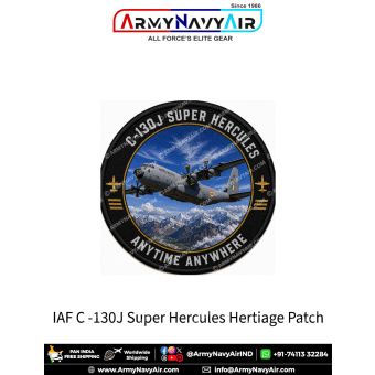 Indian Air Force C-130J Super Hercules Heritage Patch featuring a detailed illustration of the C-130J tactical transport aircraft flying above the Himalayas with the slogan "Anytime Anywhere". Premium round military aviation fabric patch for Air Force per