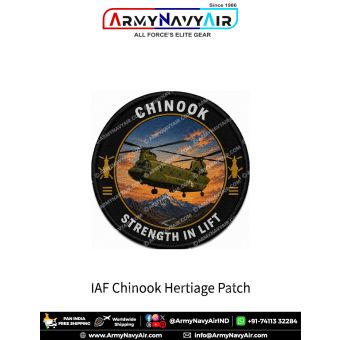 Indian Air Force CH-47F Chinook Heritage Patch featuring a detailed illustration of the heavy-lift tandem-rotor Chinook helicopter flying over the Himalayas with the slogan "Strength in Lift". Premium round military aviation fabric patch for Air Force per