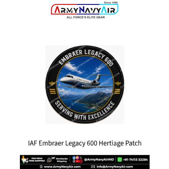 Indian Air Force Embraer Legacy 600 Heritage Patch featuring a detailed illustration of the Embraer Legacy 600 executive transport aircraft flying above scenic mountains and coastline with the slogan "Serving with Excellence". Premium round fabric militar