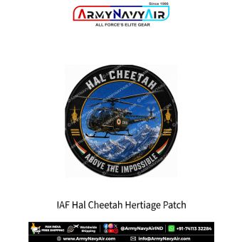 Indian Air Force HAL Cheetah Heritage Patch featuring a detailed illustration of the HAL Cheetah high-altitude utility helicopter flying above Himalayan mountain ranges with the slogan "Above the Impossible". Premium round fabric military aviation collect