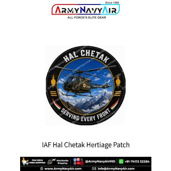 Indian Air Force HAL Chetak Heritage Patch featuring a detailed illustration of the HAL Chetak utility helicopter flying above Himalayan mountain ranges with the slogan "Serving Every Front". Premium round fabric military aviation collector patch for Air