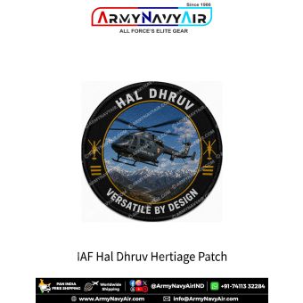 Indian Air Force HAL Dhruv Heritage Patch featuring a detailed illustration of the HAL Dhruv Advanced Light Helicopter flying above Himalayan mountain ranges with the slogan "Versatile by Design". Premium round fabric military aviation collector patch for