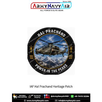 Indian Air Force HAL Prachand Heritage Patch featuring a detailed illustration of the HAL Prachand Light Combat Helicopter flying above mountain ranges with the slogan "Power in the Peaks". Premium round fabric military aviation collector patch for Air Fo