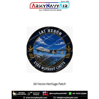 IAI Heron UAV Heritage Patch featuring the Medium Altitude Long Endurance reconnaissance drone flying above mountain valleys with the slogan "Eyes Without Limits." Premium round military aviation fabric patch for UAV operators, defence personnel, aviation