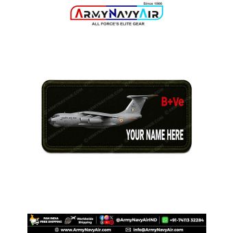 IL-76 Gajraj Personalized Flight Crew Name Plate featuring Indian Air Force IL-76 heavy transport aircraft with custom name, optional blood group, premium digital print on fabric with olive green merrow border for flight suits, uniforms, jackets, backpack