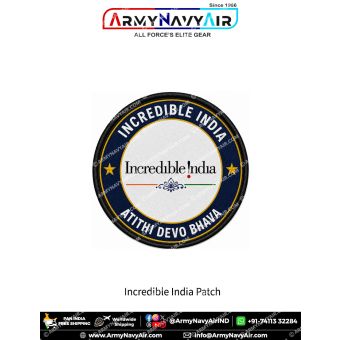 Premium round Incredible India fabric patch featuring the official Incredible India logo, decorative blue motif, saffron and green accents, the slogan Atithi Devo Bhava, navy blue outer ring with gold border, white centre, and durable black merrow border