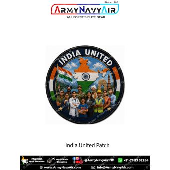 India United Patch featuring India map in tricolour, Indian Flag, national landmarks, diverse Indian citizens and black merrow border