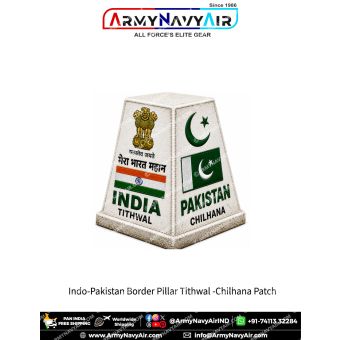 Indo–Pakistan Border Pillar Tithwal–Chilhana Patch featuring the historic international boundary marker between Tithwal in Jammu & Kashmir, India and Chilhana across the Line of Control. The digital print fabric patch depicts the authentic border pillar w