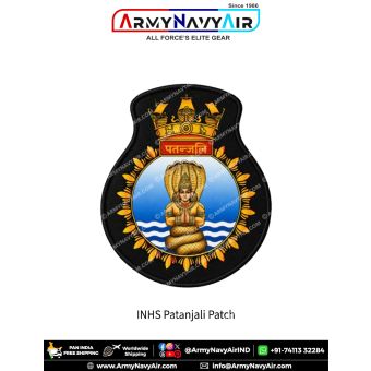 Indian Naval Hospital Ship (INHS) Patanjali Patch featuring the sage Patanjali seated in a meditative pose with folded hands beneath a multi-headed serpent hood above blue and white ocean waves, on a light blue circular background, encircled by a golden l