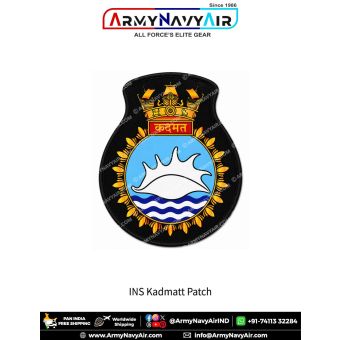 Indian Navy INS Kadmatt Patch featuring a white conch shell above blue sea waves, surrounded by a golden wreath, naval crown, black merrow border, and premium embroidered finish.