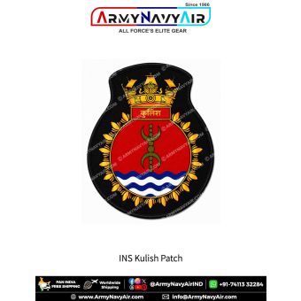 Indian Navy INS Kulish Patch featuring a traditional Vajra-inspired emblem on a red background above blue sea waves, surrounded by a golden wreath, naval crown, black merrow border, and premium embroidered finish.