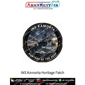 INS Kamorta Heritage Patch featuring Indian Navy anti-submarine warfare corvette INS Kamorta (P28) sailing through rough seas under dramatic skies. Premium round digital print fabric patch with navy blue outer ring, black merrow border and the motto "Hunt