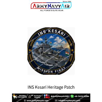 INS Kesari Heritage Patch featuring Indian Navy amphibious landing ship INS Kesari (L15) sailing at sea. Premium round digital print fabric patch with navy blue border, black merrow edge and the motto "Mission First – Duty • Commitment • Valour".
