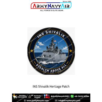 INS Shivalik Heritage Patch Indian Navy round fabric patch featuring the Project 17 Shivalik-class stealth frigate F47 with Stealth Above All artwork in premium digital print.