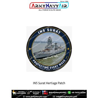 INS Surat Heritage Patch Indian Navy round fabric patch featuring the Project 15B Visakhapatnam-class guided missile destroyer with Protecting Every Wave artwork in premium digital print.