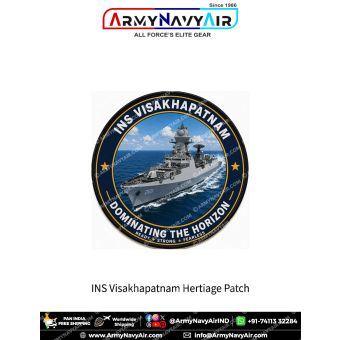INS Visakhapatnam Heritage Patch Indian Navy round fabric patch featuring D66 stealth guided missile destroyer with Dominating the Horizon artwork in premium digital print.