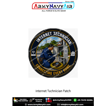 Round Internet Technician fabric patch featuring a fiber optic technician working on a residential fiber network distribution cabinet with optical cables, networking equipment and the slogan Connecting Every Home.