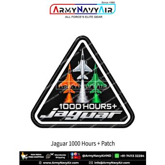 Jaguar 1000 Hours Tricolour Fighter Aircraft Patch featuring three stylised military Jaguar jet aircraft viewed from above in a triangular formation, with a white-silver aircraft at the upper centre, a saffron-orange aircraft at the lower left and a green