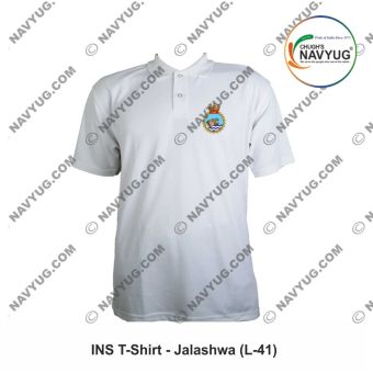 T-Shirt Indian Navy INS Austin Class | Indian Navy Surface Ship (Landing Platform Dock) T Shirt PC With Collar (White)-INS JALASHWA (L-41)-Small