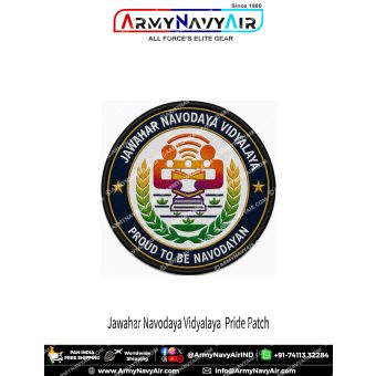 Jawahar Navodaya Vidyalaya Proud to be Navodayan round poly satin fabric patch featuring the colourful JNV emblem with navy blue outer ring and premium black merrow border.