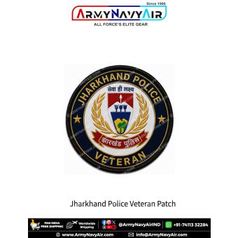 Jharkhand Police Veteran Patch featuring Jharkhand Police insignia in navy blue round veteran badge with gold lettering, shield centre and black merrow border
