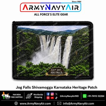 Jog Falls Shivamogga Karnataka Heritage Patch featuring scenic waterfall landscape artwork with black merrow border tourism souvenir velcro patch by ArmyNavyAir