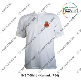 T-Shirt Indian Navy INS Kora Class | Indian Navy Surface Ship (Corvettes) T Shirt PC With Collar (White)-INS Karmuk (P 64)-Small