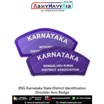 BSG Karnataka District Shoulder Arm Badge with purple merrow border featuring Karnataka State and District Association identification text available in both digital printed and machine embroidered variants for Bharat Scouts and Guides uniforms sold in pai