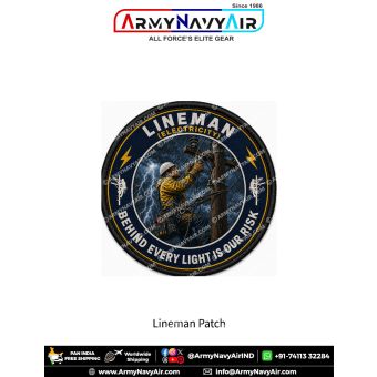 Round Lineman fabric patch featuring an electrical utility worker repairing high-voltage power lines during a thunderstorm while wearing safety gear, with the slogan Behind Every Light Is Our Risk.