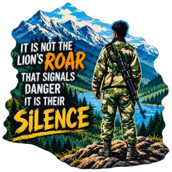 Lion's Roar Is Silence Military Motivational Patch featuring a camouflage-clad soldier viewed from behind, standing on a rocky mountain viewpoint with a rifle carried across his back. The soldier overlooks a dramatic landscape of snow-covered blue mountai