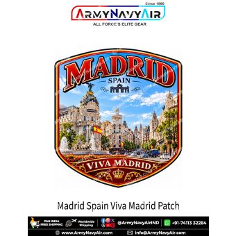Madrid Viva Madrid travel souvenir patch featuring Spanish flags, grand city architecture, fountains and Madrid street scenery