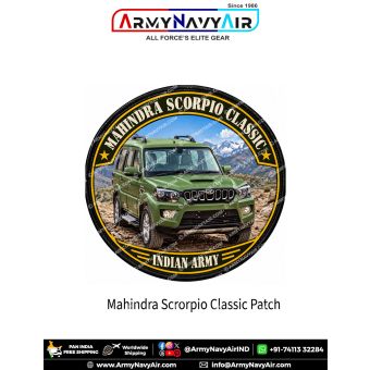 Round Mahindra Scorpio Classic Indian Army-themed SUV patch featuring an olive-green Scorpio-style vehicle, Himalayan mountain scenery and black outer border