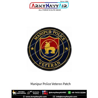 Manipur Police Veteran Patch featuring Manipur Police insignia in navy blue round veteran badge with gold lettering, red shield centre and black merrow border
